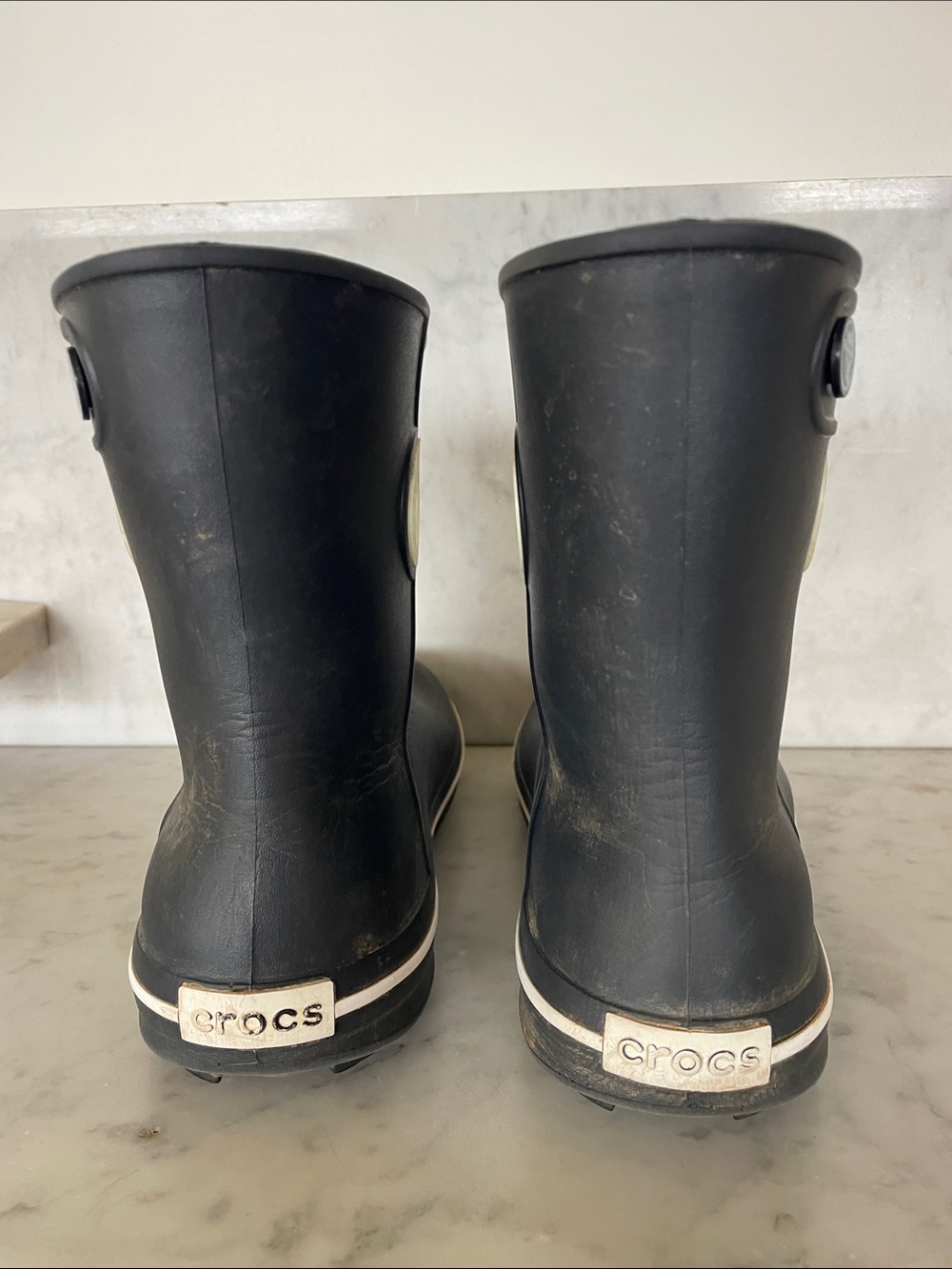 CROCS Black Rain Boots with Cream Trim - Picture 3 of 16